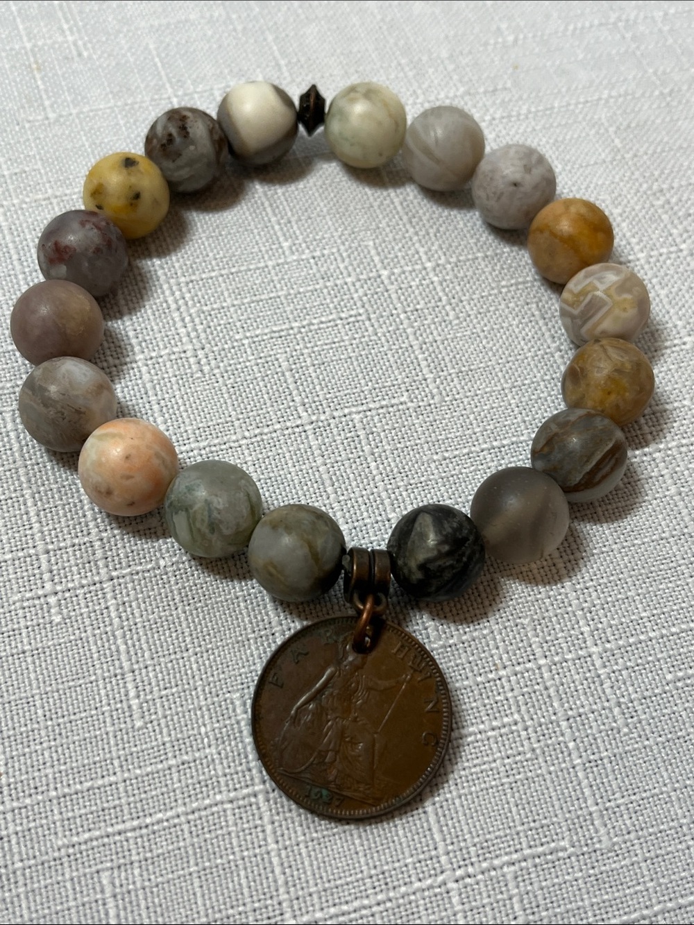 Multicolor Natural Stone Beaded Bracelet with Antique Coin Charm. Stretch